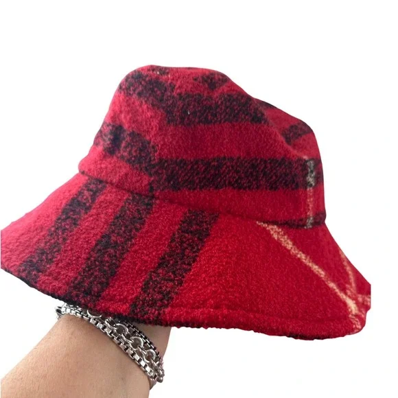Burberry Red Black Plaid Wool Blend Bucket Hat Women's Size Small Medium - Picture 2 of 11